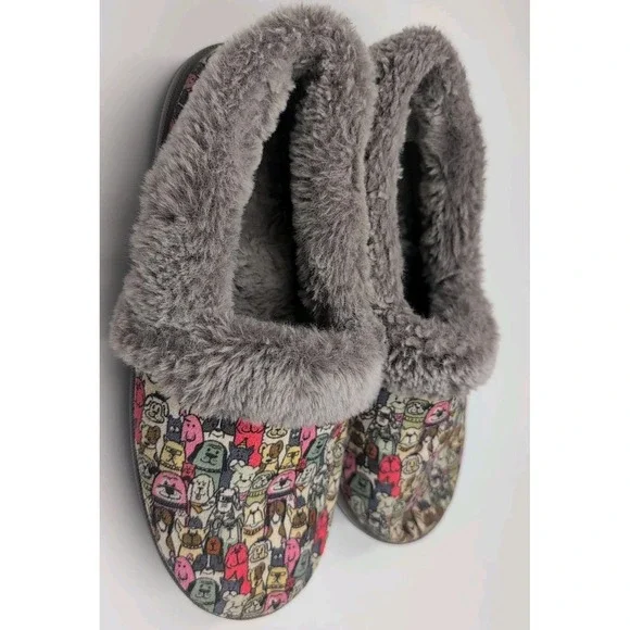 Skechers BOBS Slippers Women 7.5 Dog Print Faux Fur Lined Memory Foam Cozy - Picture 3 of 16